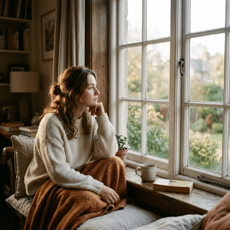 Woman sitting on a cushioned window seat looking outside with a blanket, book, and mug nearby