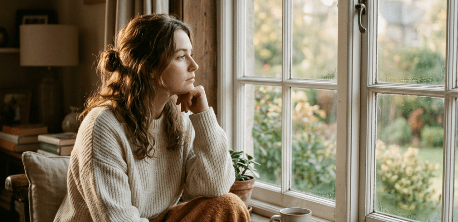 Woman sitting on a cushioned window seat looking outside with a blanket, book, and mug nearby